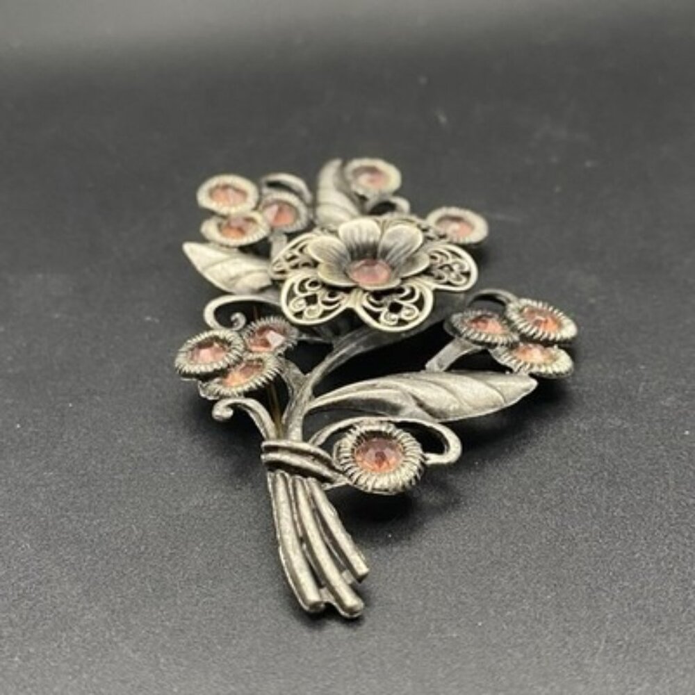 Vintage Purple Glass Rhinestone Floral Bouquet Brooch Filigree Silver Tone 3.25" - Picture 2 of 6